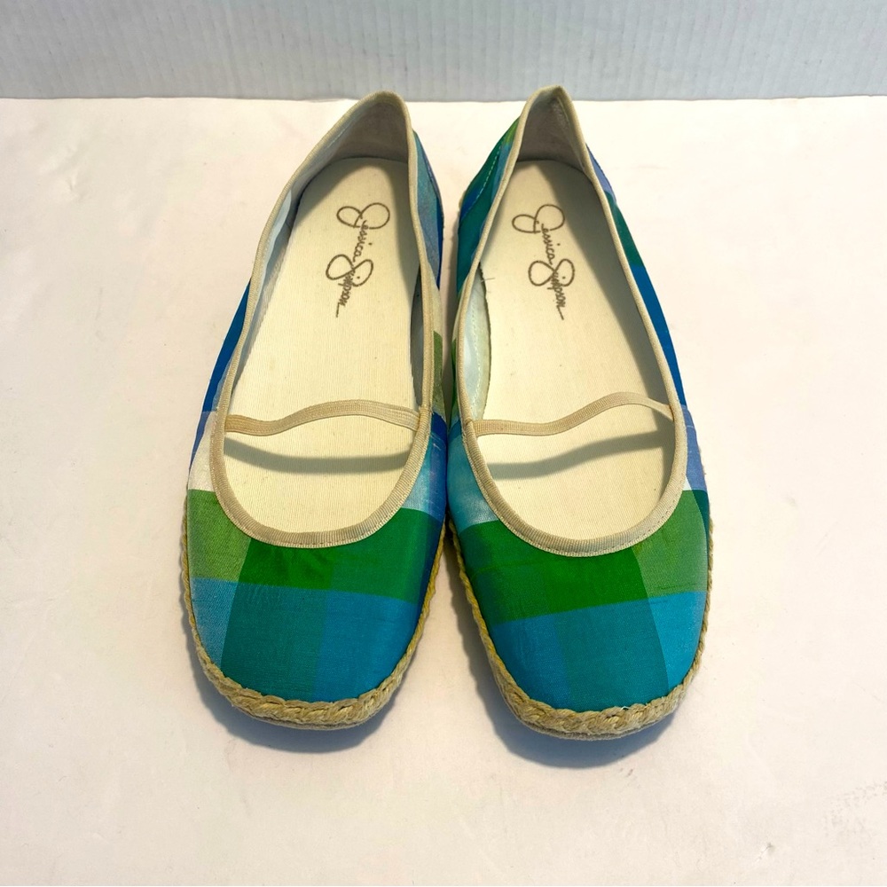 Jessica Simpson Blue Green Plaid Espadrille Flats